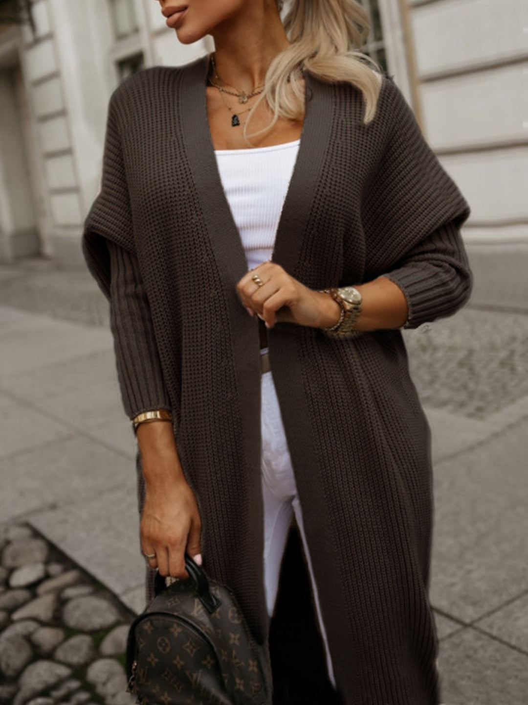Damen modische Langarm Strickjacke mit offenem Schnitt und Waffelmuster EB