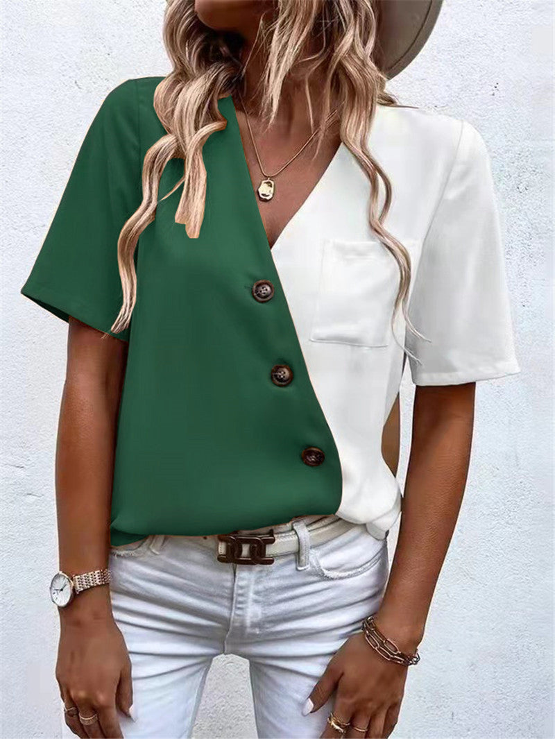 Damen Kurzarm Bluse mit asymmetrischem Schnitt und Knopfdetails EB