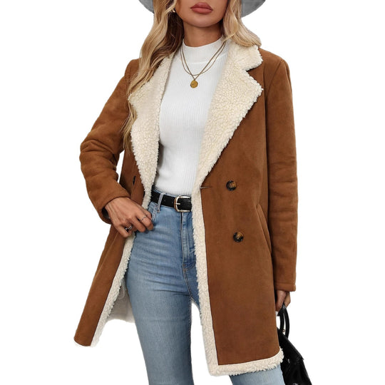 Damen modische Jacke mit Teddyfutter und doppelter Knopfleiste EB