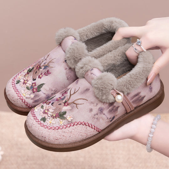 Damen Komfortable Hüttenschuhe mit kuscheligem Innenfutter und dekorativen Stickereien EB