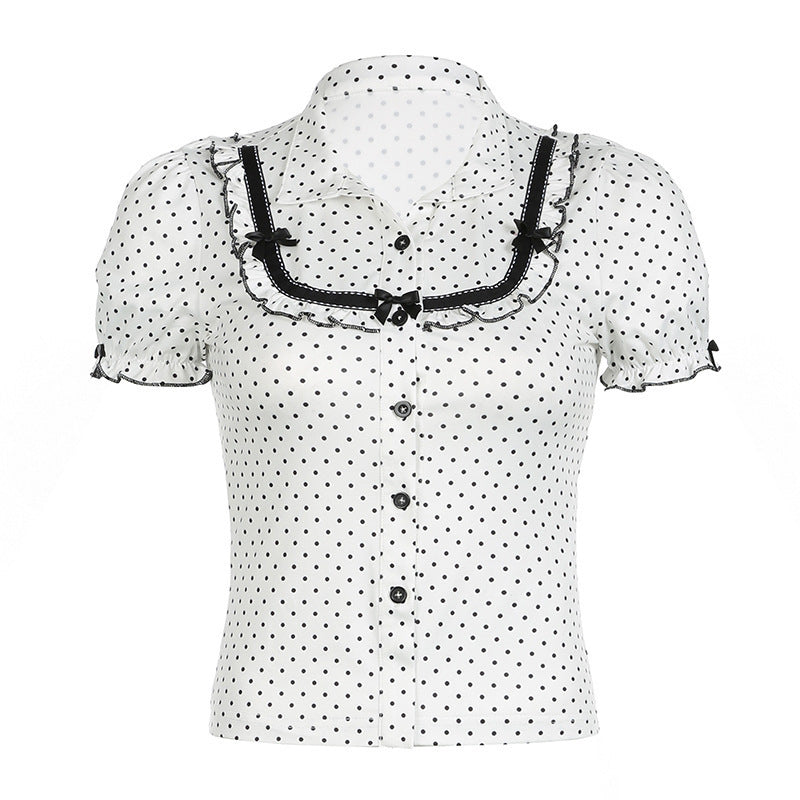 Damen Vintage Polka Dot Bluse mit Puffärmeln EB