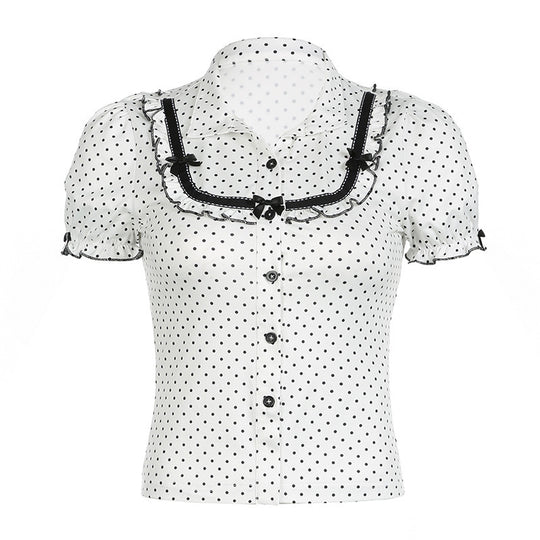Damen Vintage Polka Dot Bluse mit Puffärmeln EB
