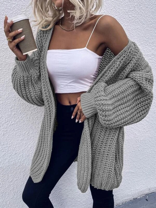 Damen lässiger Grobstrick-Cardigan mit tiefen Taschen und voluminösen Ärmeln EB