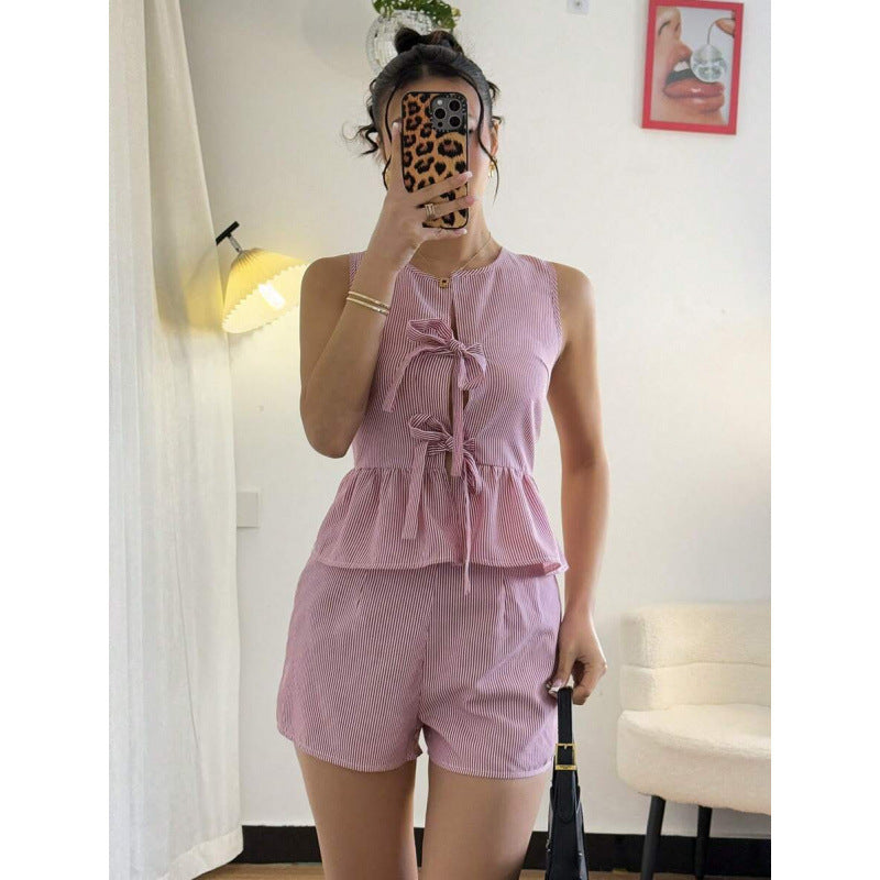 Damen Sommerliches Zweiteiliges Set mit Rüschendetails und verziertem Oberteil EB