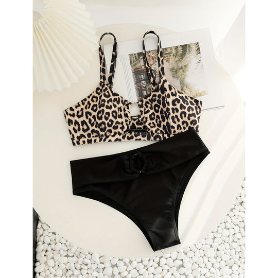 Damen Triangel-Bikini-Set mit modischem Tiermuster und knotendem Höschen EB