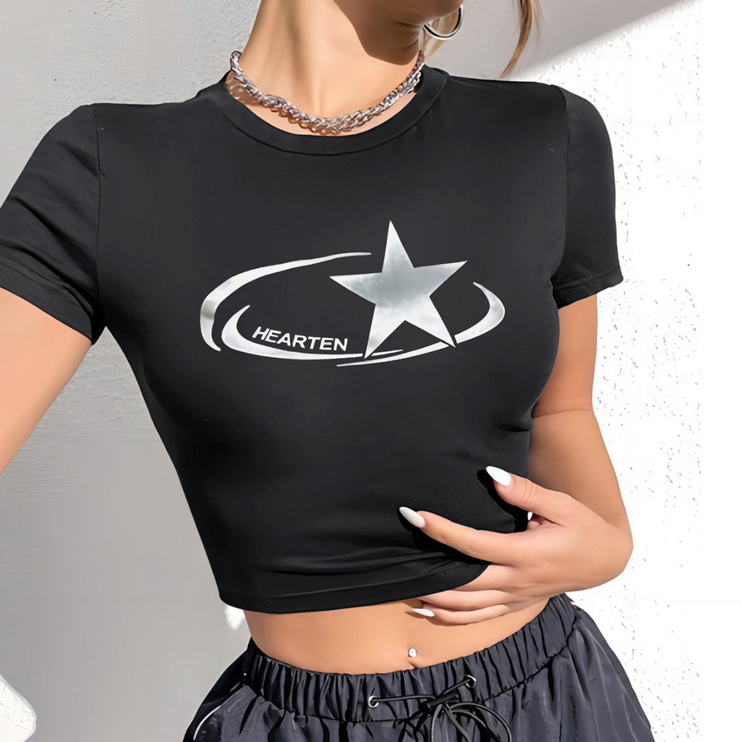 Damen Crop-T-Shirt mit glänzendem Sternmotiv und figurbetontem Schnitt EB