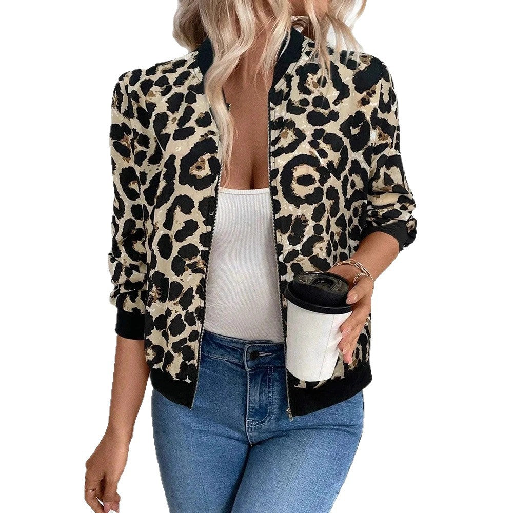 Damen Leichte Leoparden-Bomberjacke mit durchgehendem Reißverschluss und Rippbündchen EB