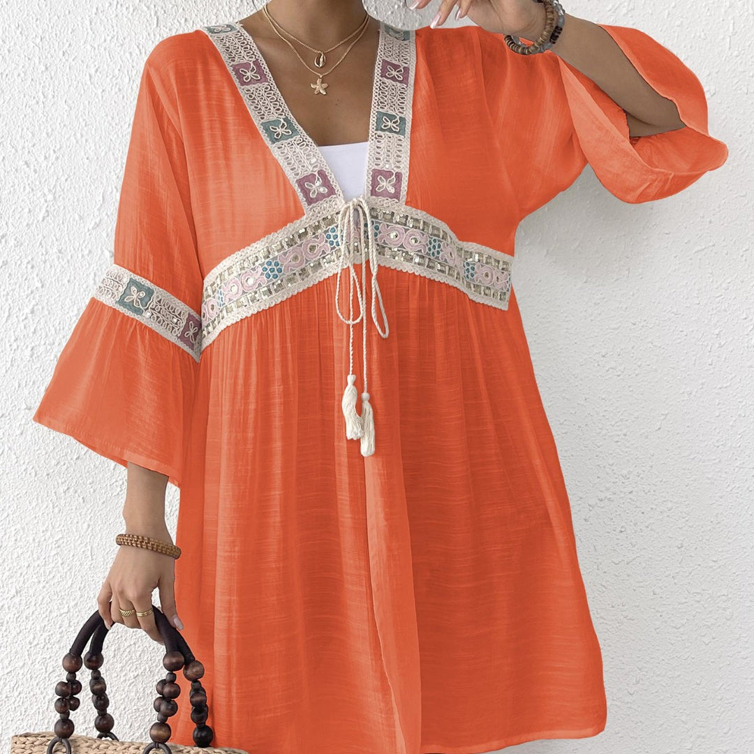 Damen luftiger Strandkimono mit floralen Stickereien EB