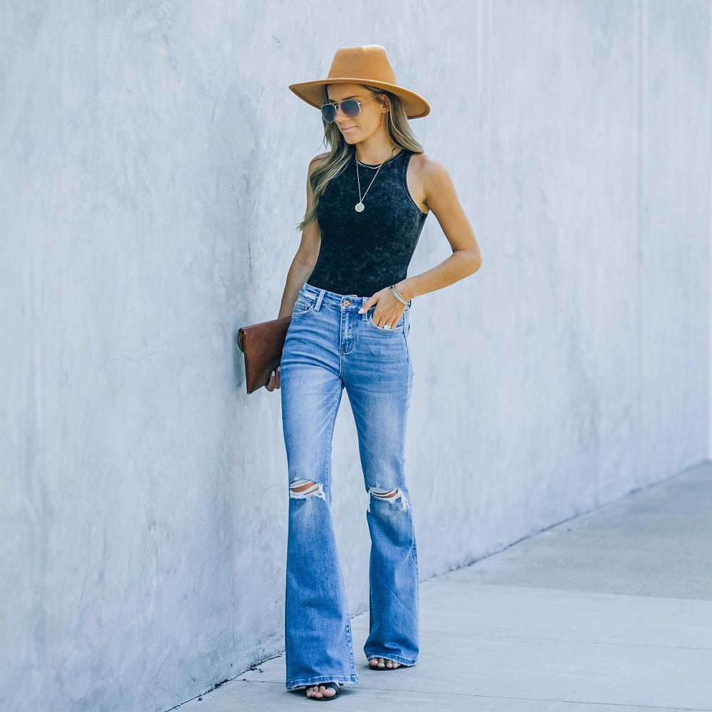 Damen Flared Jeans mit modischen Rissen und hohem Bund EB