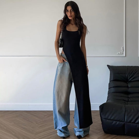 Damen Maxikleid mit asymmetrischem Schnitt und fließendem Stoff EB