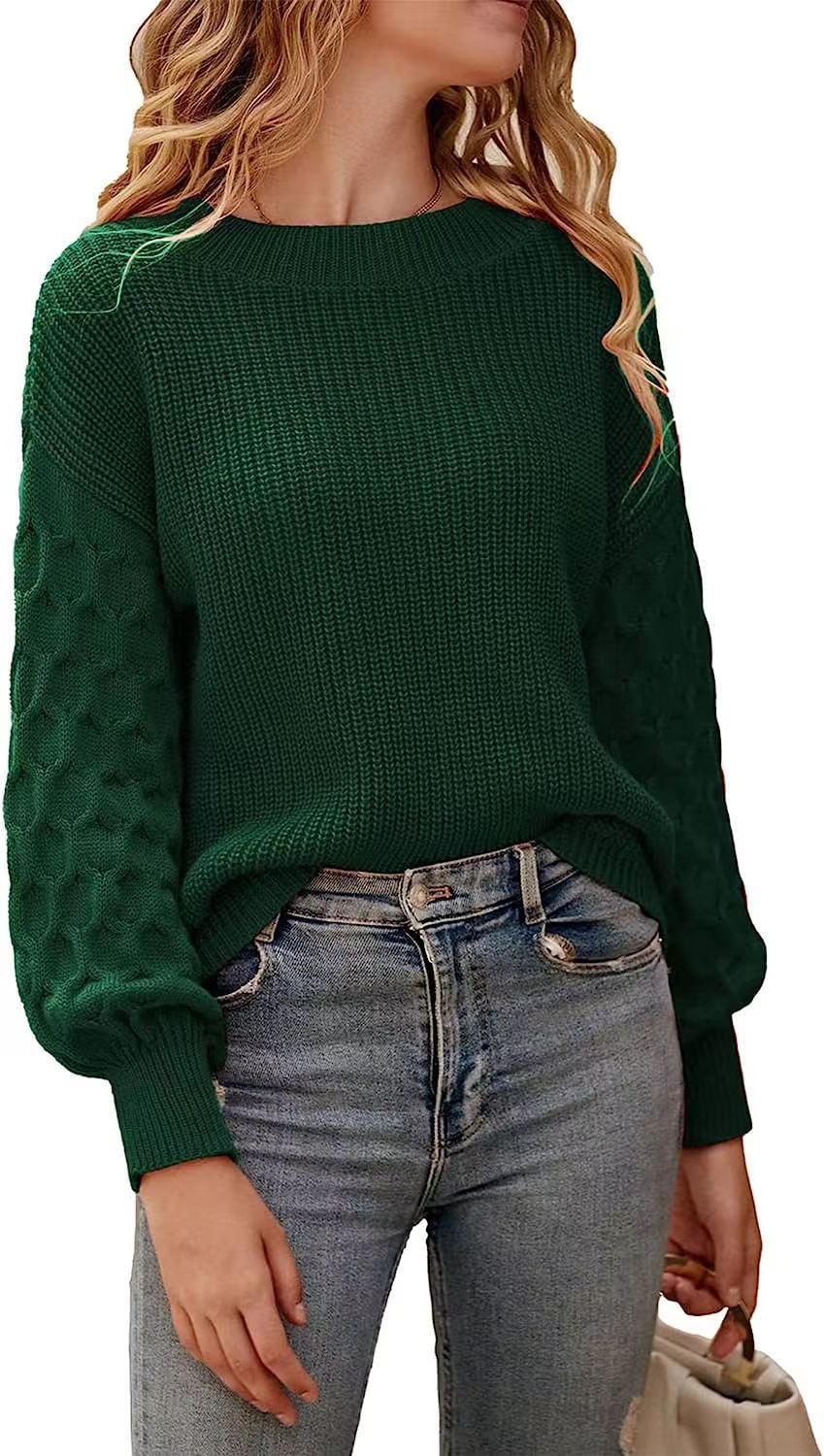Damen modischer Strickpullover mit strukturierten Ärmeln und Rundhalsausschnitt EB