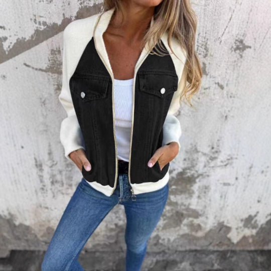 Damen lässige Sweaterjacke mit Denim-Style und Fleeceärmeln EB