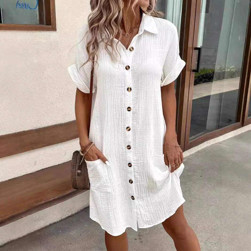 Damen lässiges Hemdblusenkleid aus leichtem Baumwollmischgewebe mit Knopfleiste und Seitentaschen EB