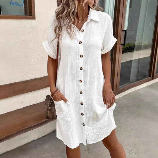 Damen lässiges Hemdblusenkleid aus leichtem Baumwollmischgewebe mit Knopfleiste und Seitentaschen EB