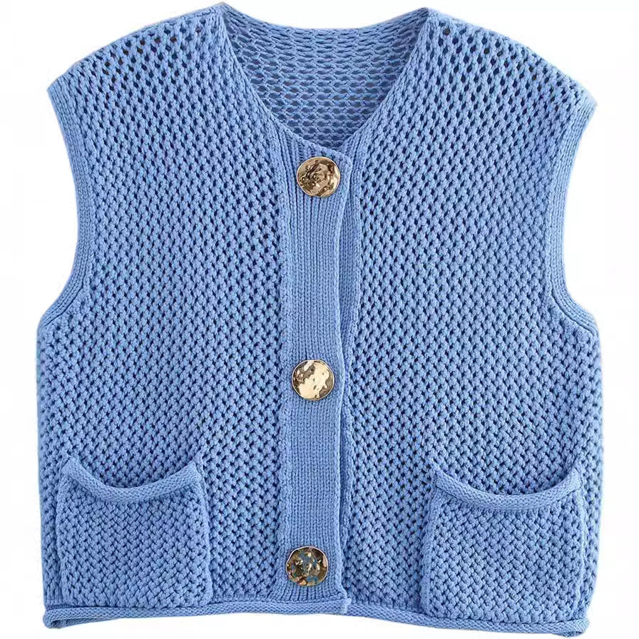 Damen Strickweste mit dekorativen Knöpfen und Taschen EB