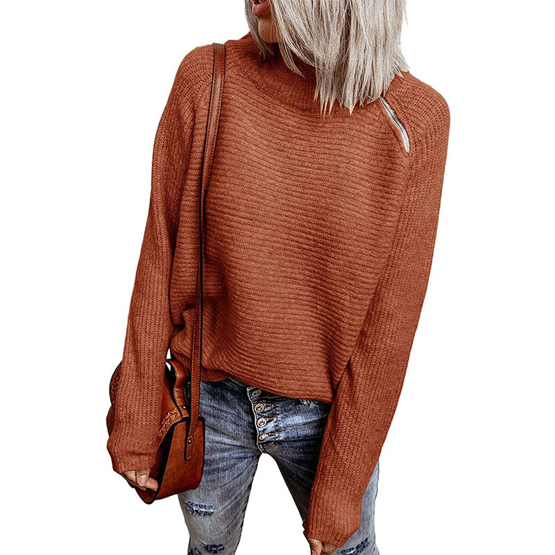 Damen lässiger Strickpullover mit hochgeschlossenem Kragen und dekorativen Nähten EB
