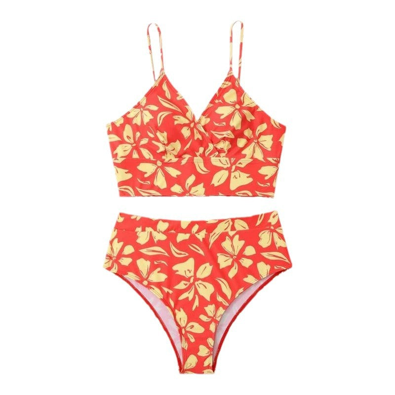 Damen Zweiteiliges Bikini-Set mit blütenförmigem Crop-Top und hoch tailliertem Höschen EB