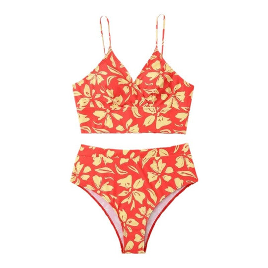 Damen Zweiteiliges Bikini-Set mit blütenförmigem Crop-Top und hoch tailliertem Höschen EB