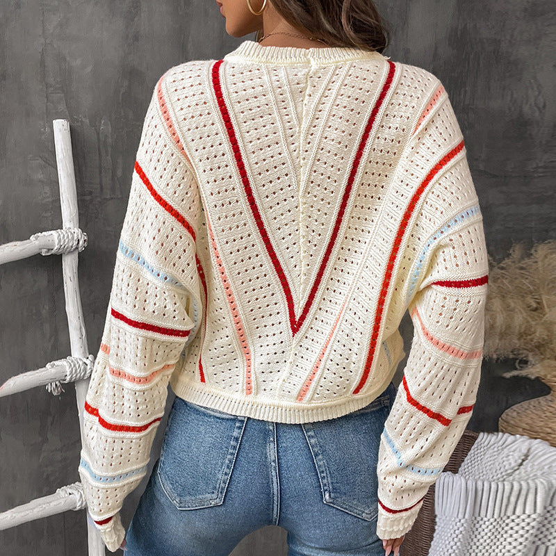 Damen Strickpullover mit modernem Lochmuster und dekorativen Streifen EB