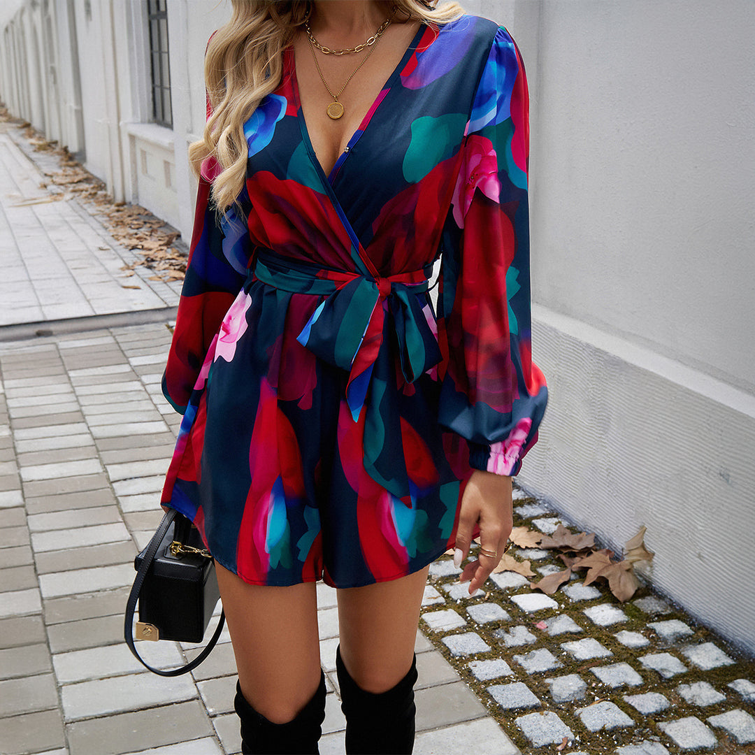 Damen nan Wickelmini-Kleid mit V-Ausschnitt, tailliertem Bindegürtel und ballonärmeln EB