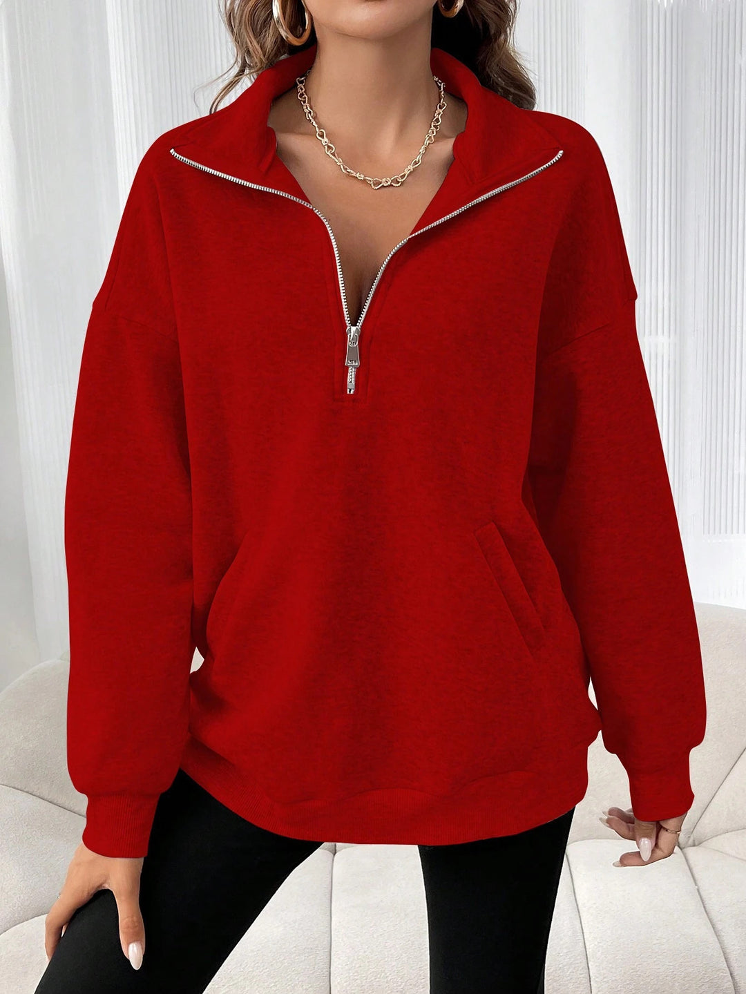 Damen oversized Sweatshirt mit halbem Reißverschluss und praktischen Taschen EB