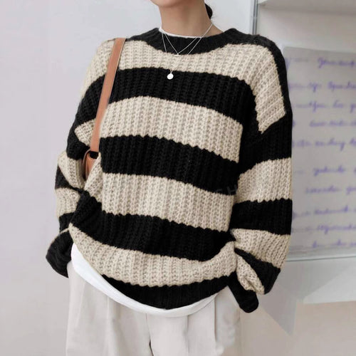 Damen modischer Strickpullover mit breiten Streifen und lockerer Passform EB