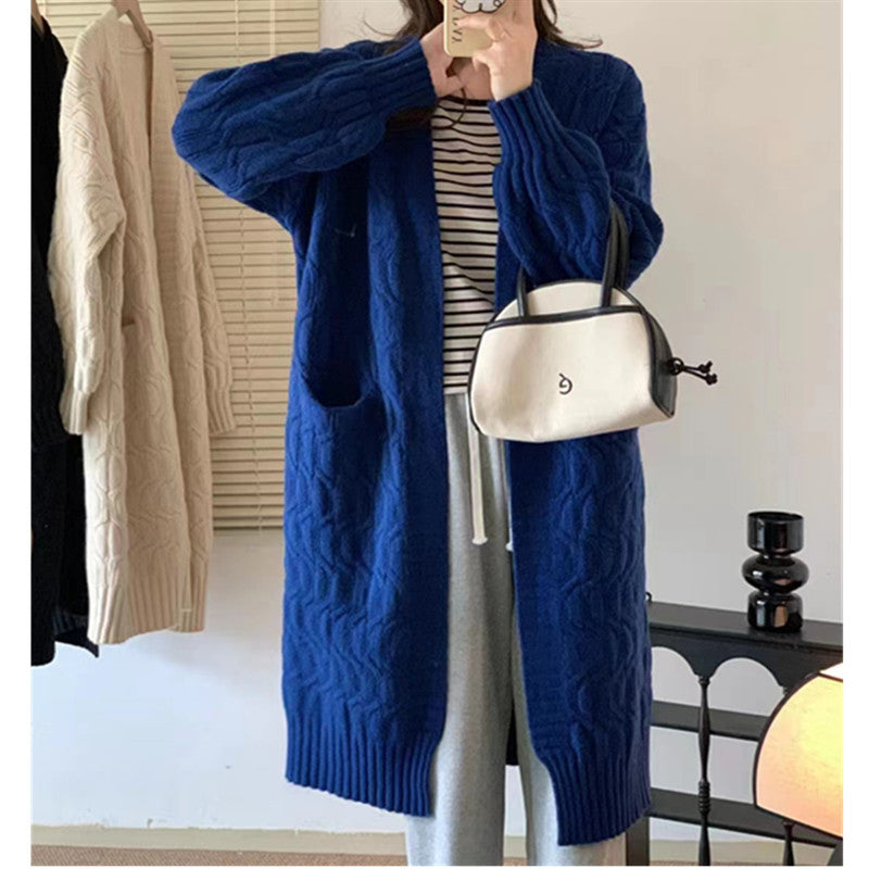 Damen Langer Strickcardigan mit voluminösen Ärmeln und praktischen Taschen EB