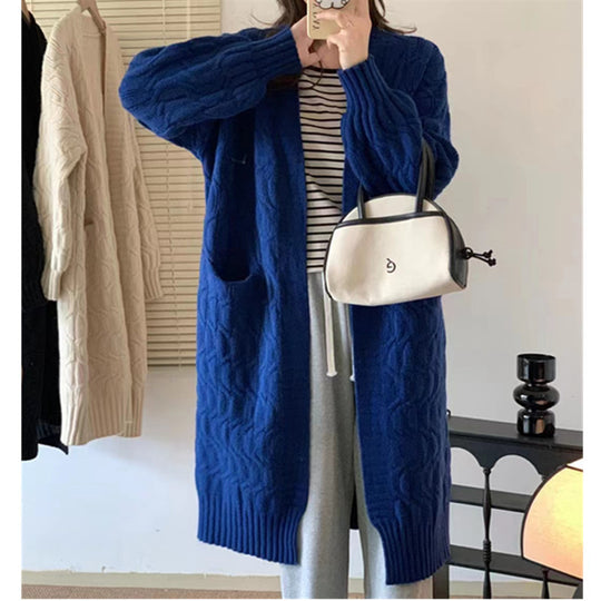 Damen Langer Strickcardigan mit voluminösen Ärmeln und praktischen Taschen EB