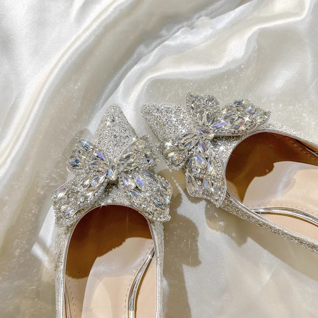 Damen spitze High Heels mit funkelndem Strass und großem Schleifenakzent EB