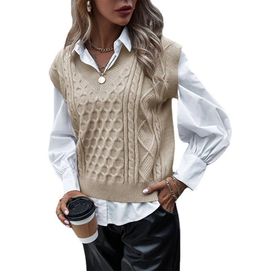 Damen Strickpullover mit Zopfmuster und V-Ausschnitt EB