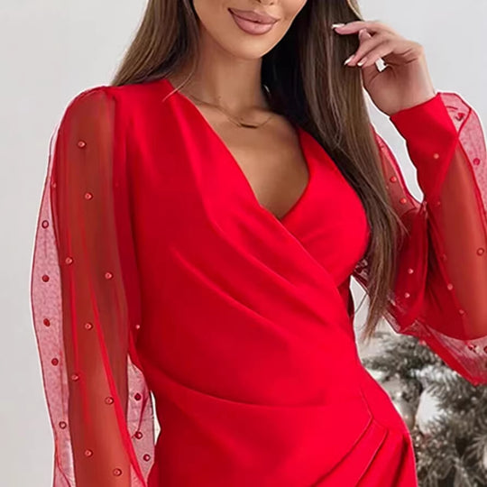 Damen Wickelkleid mit eleganten transparenten Ärmeln und schimmerndem Detail EB