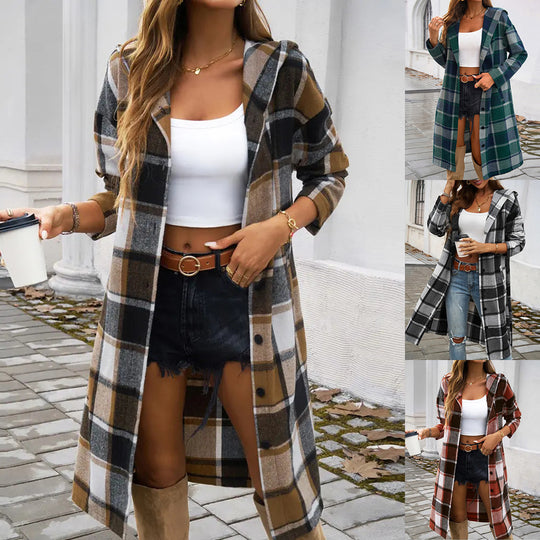 Damen Karomuster Longjacke mit Kapuze EB