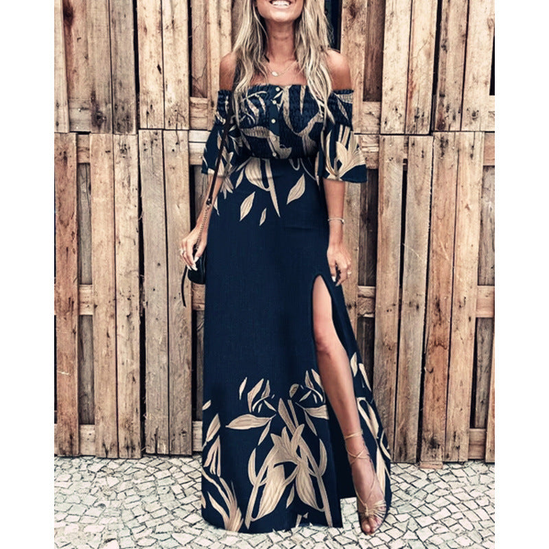 Damen Maxikleid mit schulterfreiem Design und elegante Blumendruckdetails EB