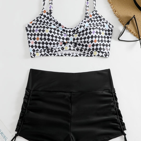 Damen Crop-Bikini Oberteil mit Rüschenbadeshorts EB