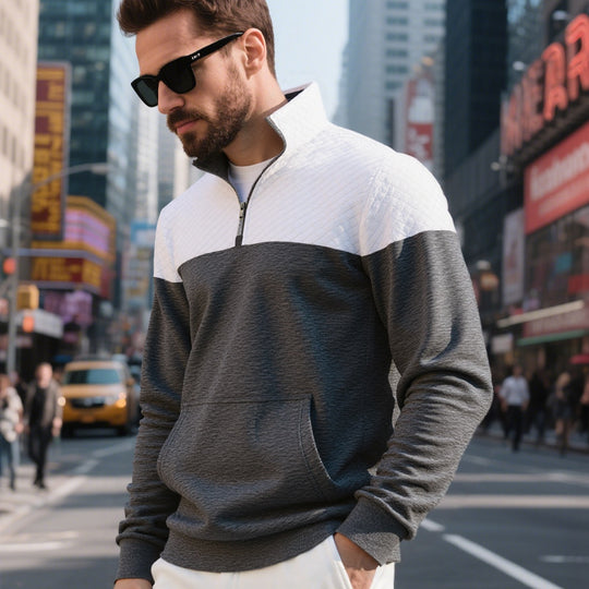 Herren Colorblock-Halbzip-Sweatshirt mit gesteppter Brustpartie, Kängurutasche und elastischen Bündchen EB