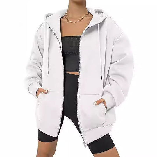 Damen nan oversized Zip-Kapuzenjacke mit kontrastierendem Reißverschluss, doppellagiger Kapuze und Kängurutasche EB