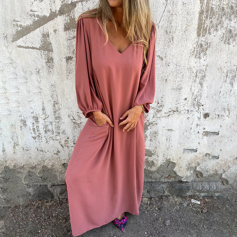 Damen Elegantes Maxikleid mit V-Ausschnitt und Taschen EB