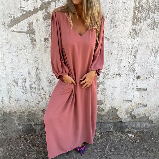 Damen Elegantes Maxikleid mit V-Ausschnitt und Taschen EB