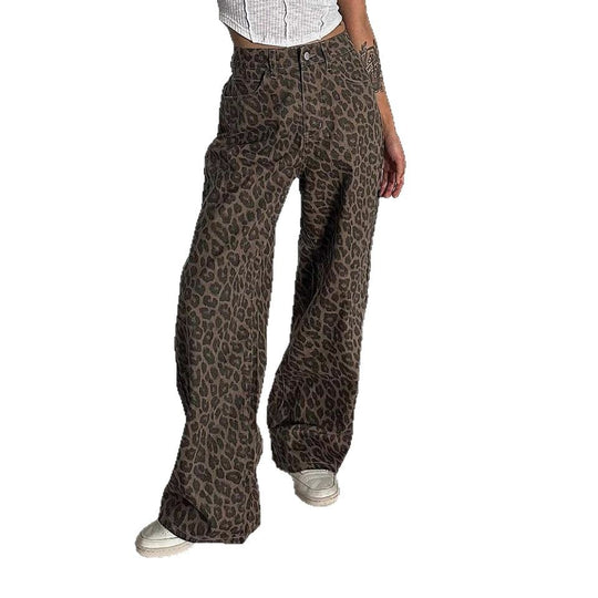 Damen Weit geschnittene Leoparden-Jeans im lässigen Stil EB