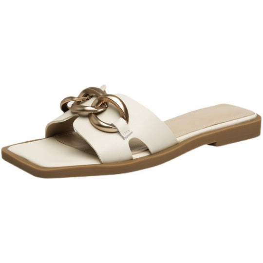 Damen modische Zehensteg-Sandalen mit dekorativem Kettenakzent EB