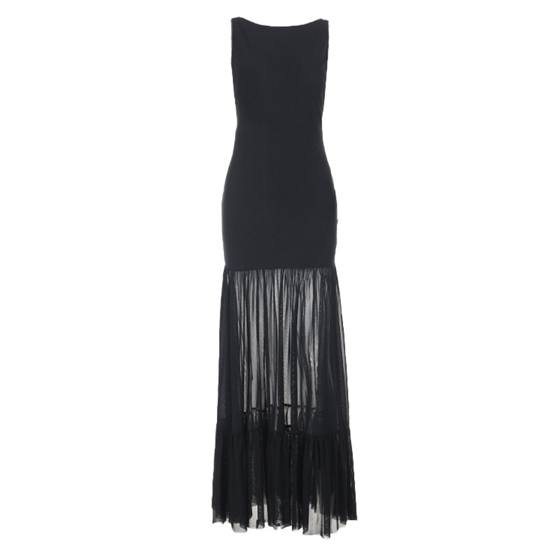 Damen Elegantes Maxikleid mit transparenten Einsätzen und Rüschendetails EB
