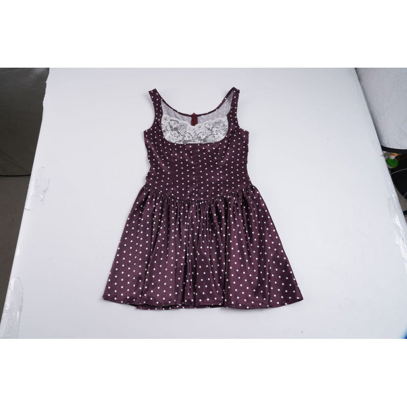 Damen Retro Polka-Dot Kleid mit Spitzen-Overlay EB