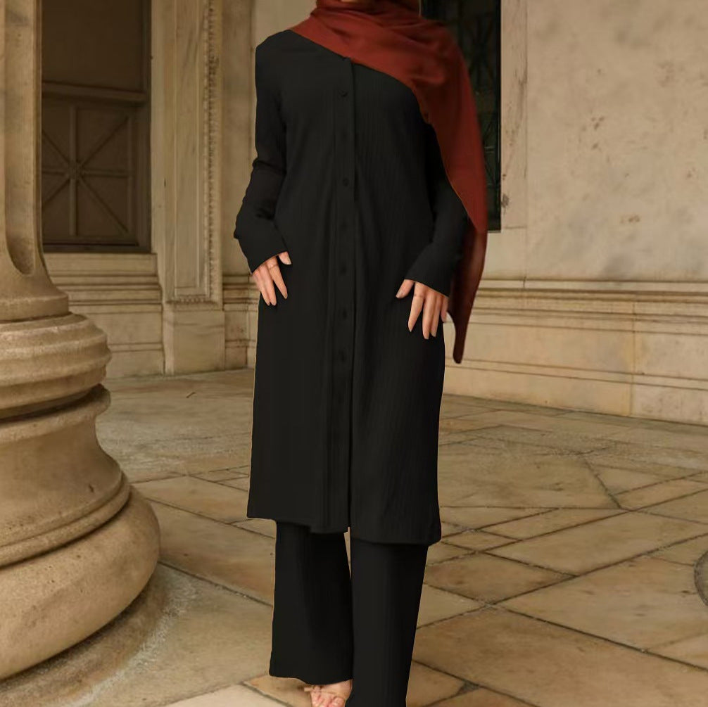 Damen Modestisches Knopf-Tunika-Set mit gerader Silhouette, langen Ärmeln und weitem Palazzo-Hosenbein EB