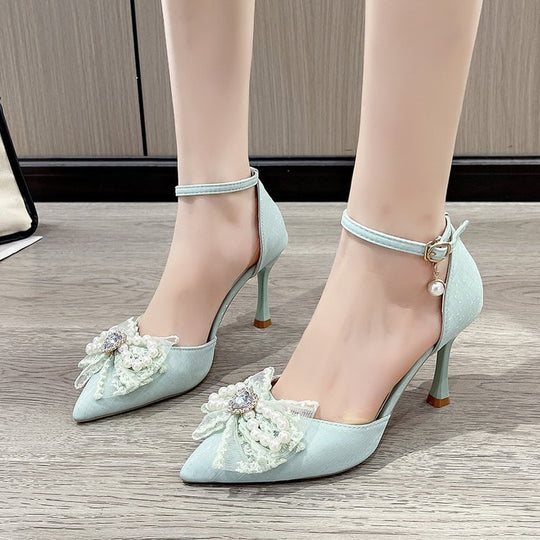 Damen elegante Pumps mit dekorativer Perlen- und Schleifenverzierung EB