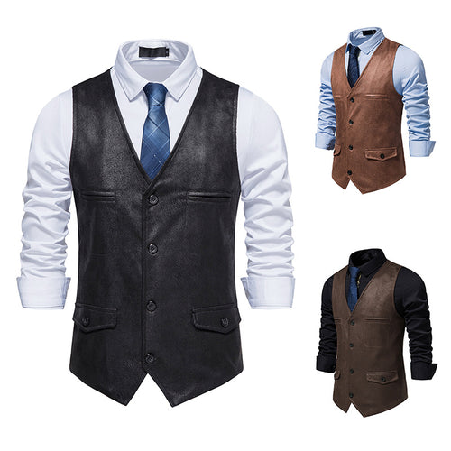 Herren Elegante Kunstlederweste mit praktischen Taschen EB
