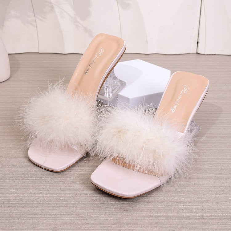 Damen transparente Mules mit flauschigem Flausche-Akzent EB