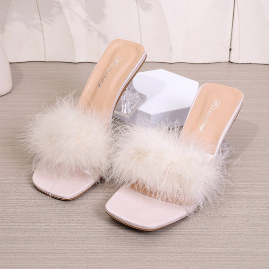 Damen transparente Mules mit flauschigem Flausche-Akzent EB