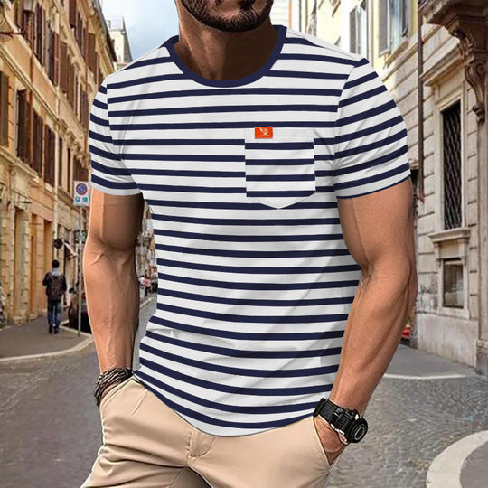 Herren nan maritim inspiriertes Streifen-T-Shirt mit Brusttasche und Slub-Jersey EB