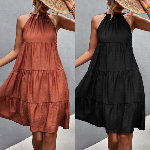 Damen Lässiges Sommerkleid mit hochgeschlossenem Kragen und voluminösem Rock EB