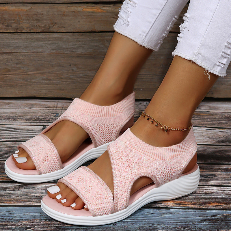 Damen Komfortable Keil-Sandalen mit atmungsaktivem Strickdesign und elastischen Riemen EB